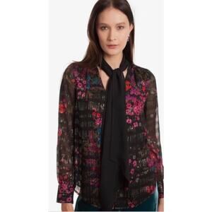 Trina Turk Demming Silk Top Size S Black Pink Long Sleeve V Blouse Holiday Party